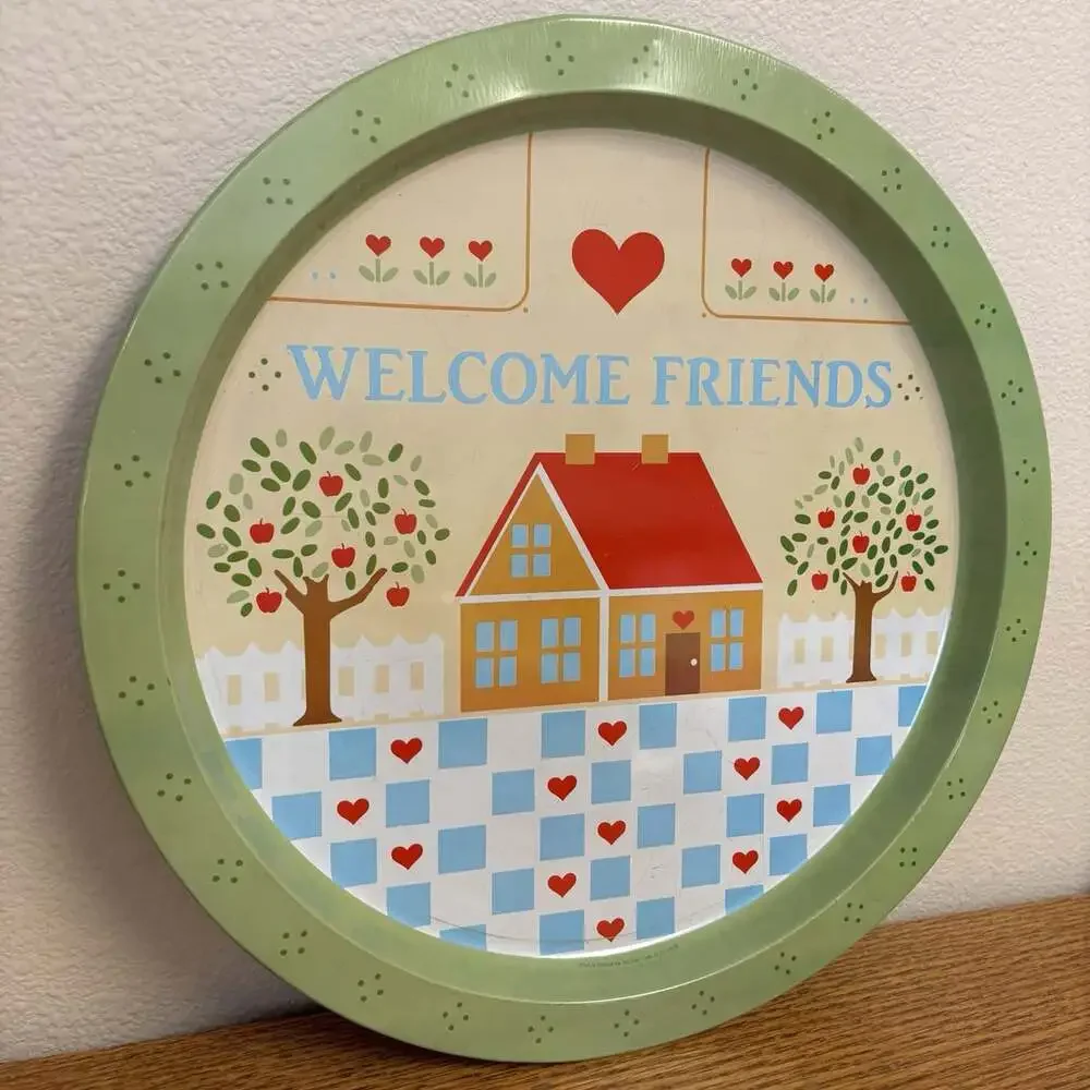 Vintage Welcome Friends Country Hearts 13” Round Metal Tray Cottage Core Decor